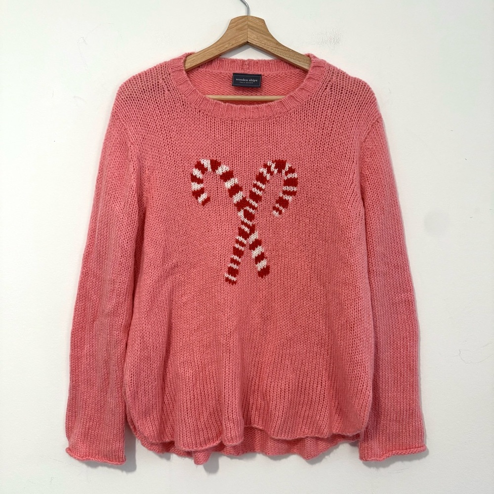 Wooden Ships Candy Cane Sweater Pink M/L Chunky Knit Mohair Blend Holiday